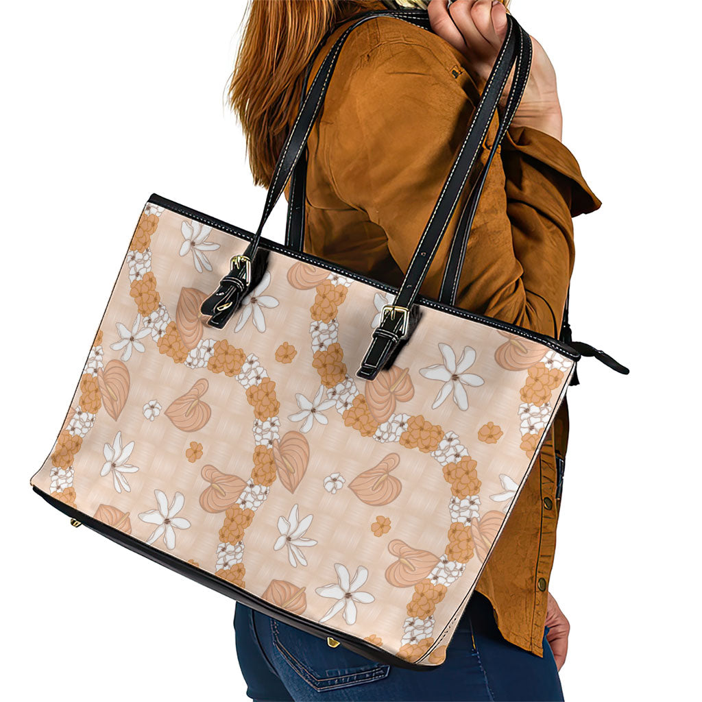 Hawaii Anthurium Tiare Pikake Lei Leather Tote Bag Alani Lauhala Art Pattern