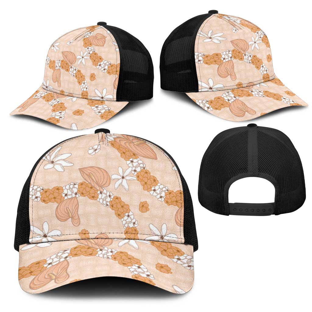 Hawaii Anthurium Tiare Pikake Lei Mesh Trucker Cap Alani Lauhala Art Pattern