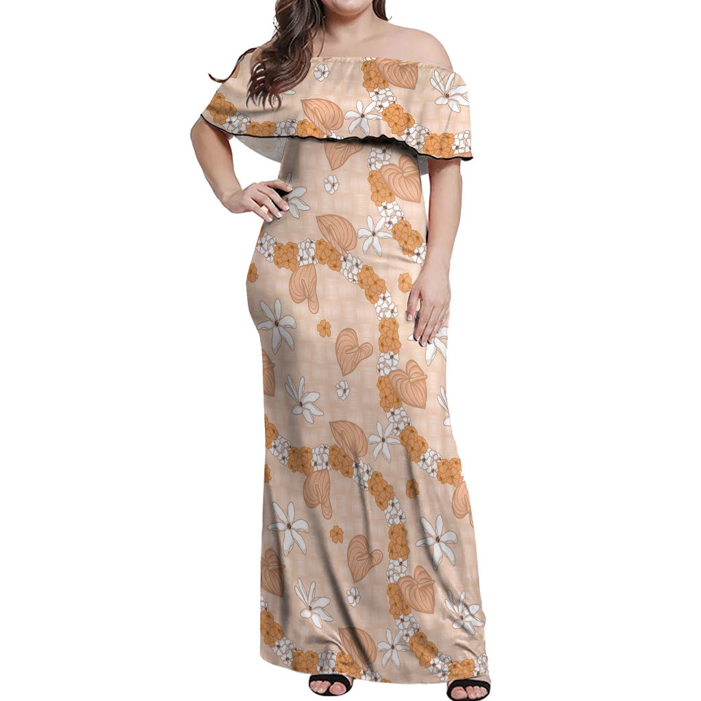 Hawaii Anthurium Tiare Pikake Lei Off Shoulder Maxi Dress Alani Lauhala Art Pattern