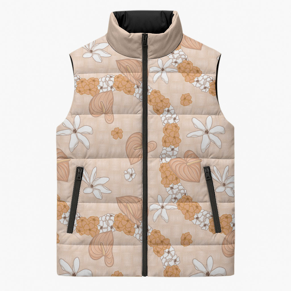 Hawaii Anthurium Tiare Pikake Lei Sleeveless Puffer Jacket Alani Lauhala Art Pattern