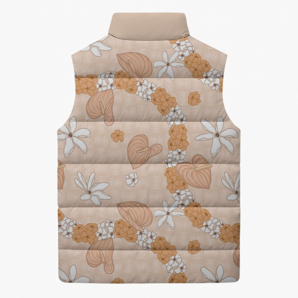 Hawaii Anthurium Tiare Pikake Lei Sleeveless Puffer Jacket Alani Lauhala Art Pattern