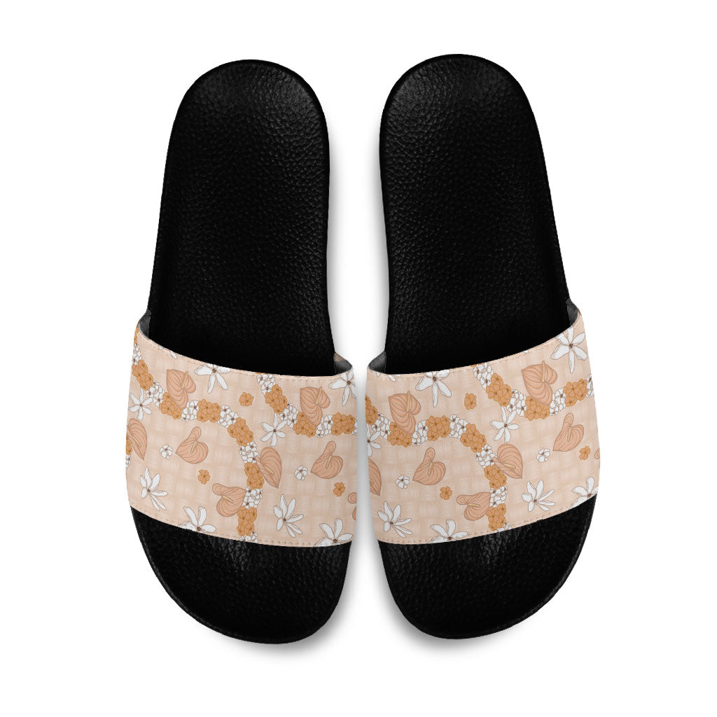 Hawaii Anthurium Tiare Pikake Lei Slide Sandals Alani Lauhala Art Pattern