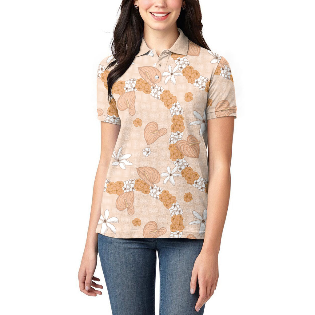 Hawaii Anthurium Tiare Pikake Lei Women Polo Shirt Alani Lauhala Art Pattern