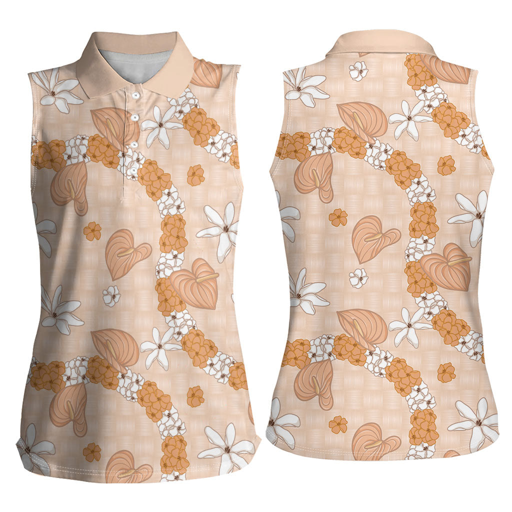 Hawaii Anthurium Tiare Pikake Lei Women Sleeveless Polo Shirt Alani Lauhala Art Pattern