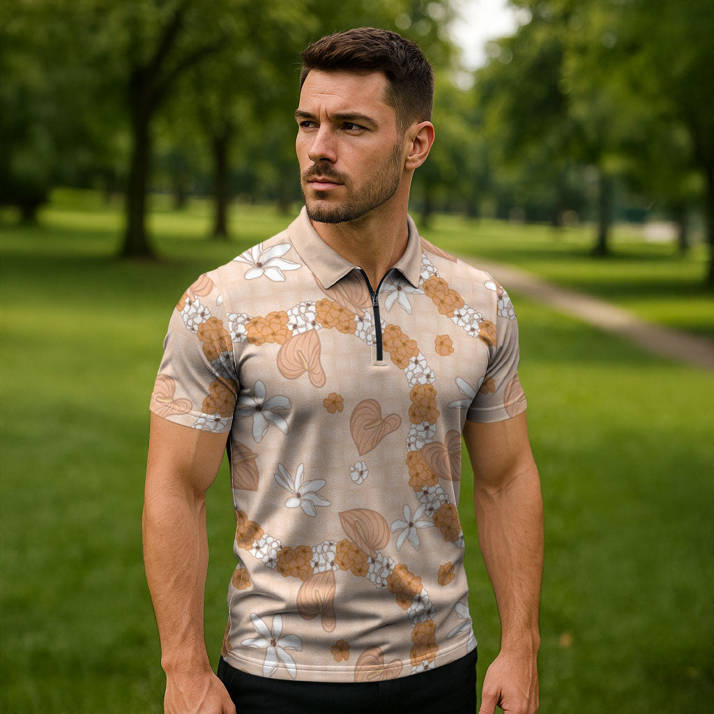 Hawaii Anthurium Tiare Pikake Lei Zipper Polo Shirt Alani Lauhala Art Pattern