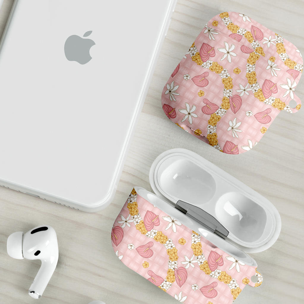 Hawaii Anthurium Tiare Pikake Lei AirPods Case Akala Lauhala Art Pattern