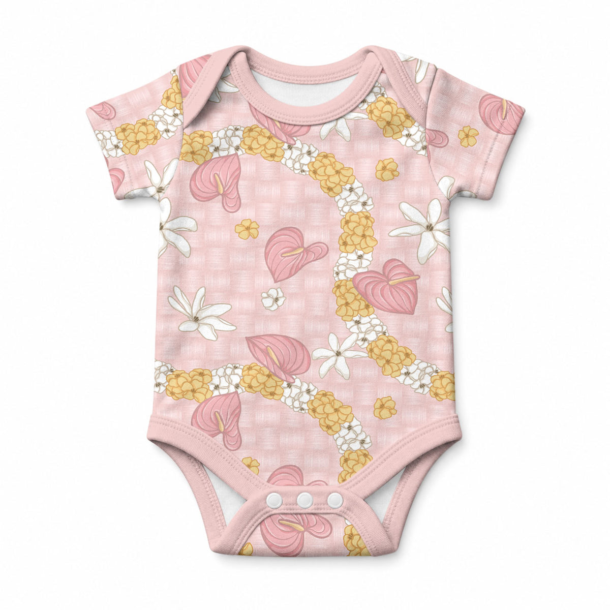 Hawaii Anthurium Tiare Pikake Lei Baby Onesie Akala Lauhala Art Pattern LT01 Pink - Polynesian Pride