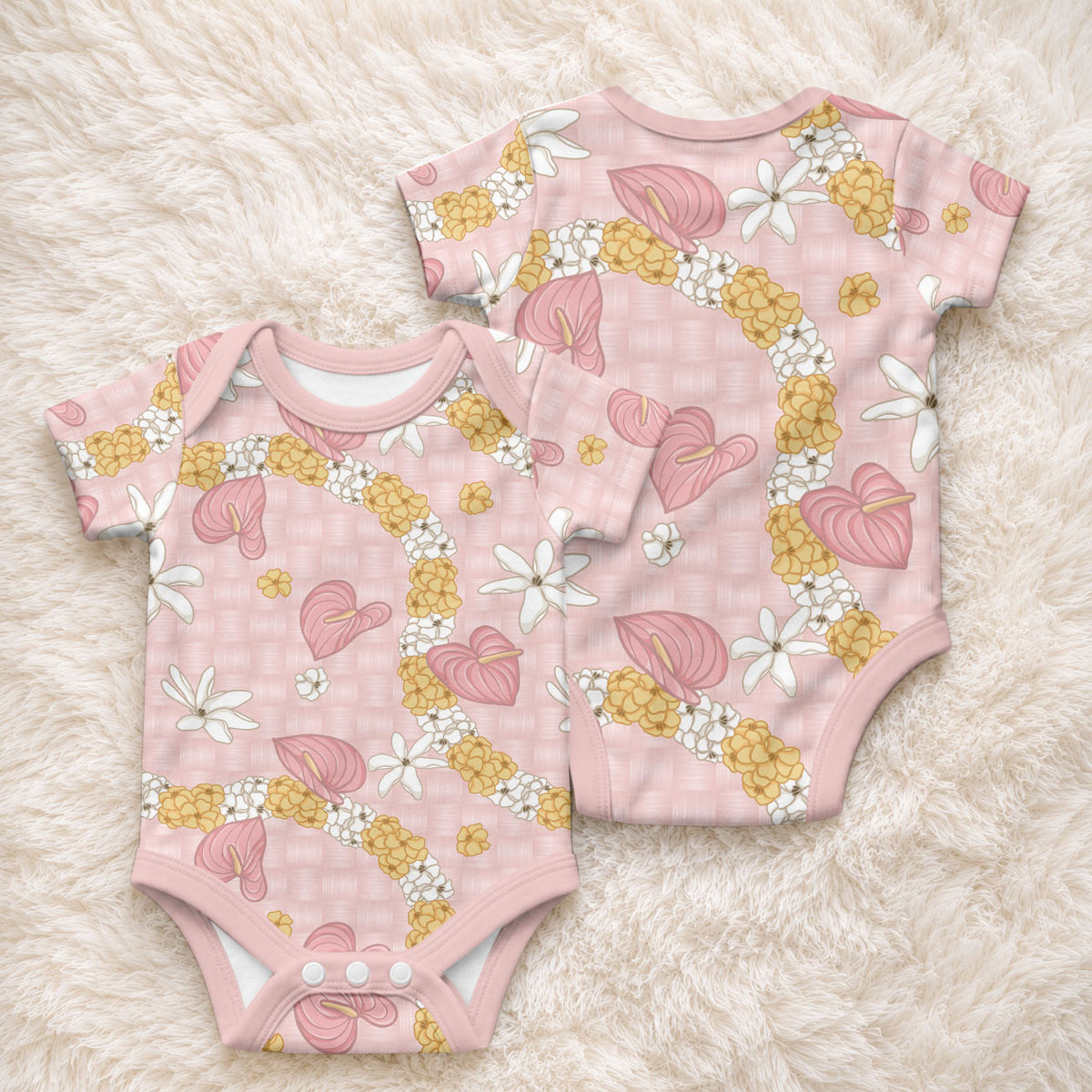 Hawaii Anthurium Tiare Pikake Lei Baby Onesie Akala Lauhala Art Pattern LT01 - Polynesian Pride