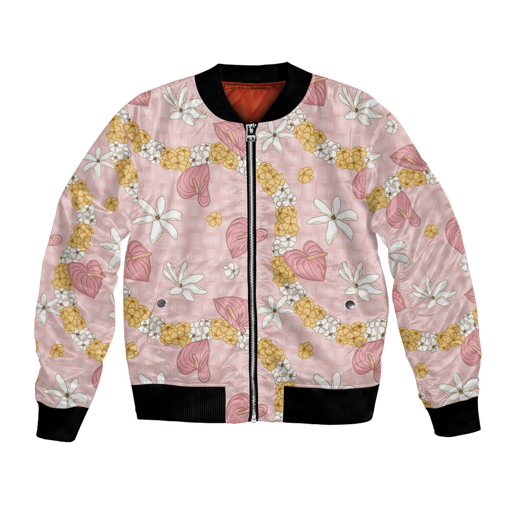 Hawaii Anthurium Tiare Pikake Lei Bomber Jacket Akala Lauhala Art Pattern
