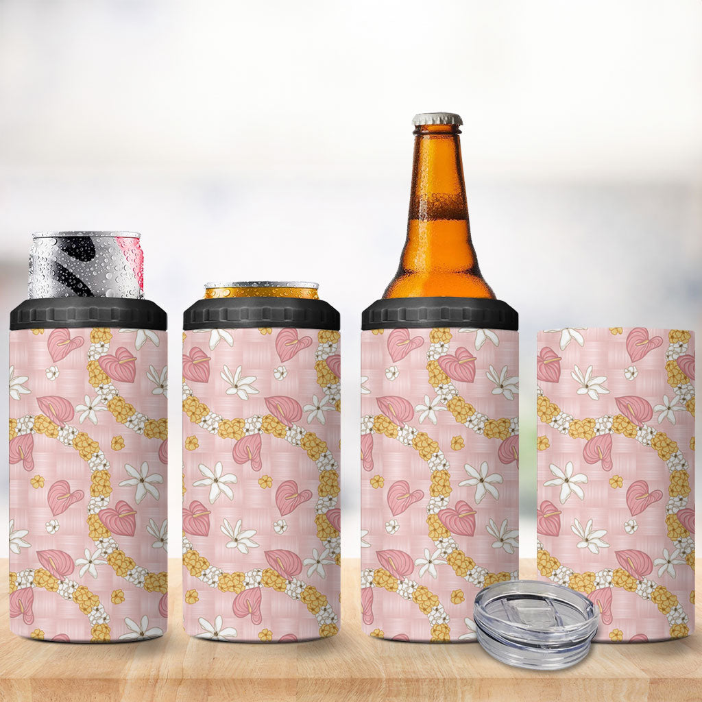 Hawaii Anthurium Tiare Pikake Lei 4 in 1 Can Cooler Tumbler Akala Lauhala Art Pattern