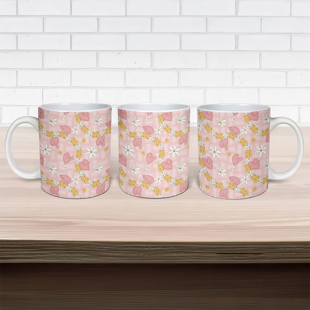 Hawaii Anthurium Tiare Pikake Lei Ceramic Mug Akala Lauhala Art Pattern