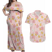 Hawaii Anthurium Tiare Pikake Lei Couples Matching Off Shoulder Maxi Dress and Hawaiian Shirt Akala Lauhala Art Pattern