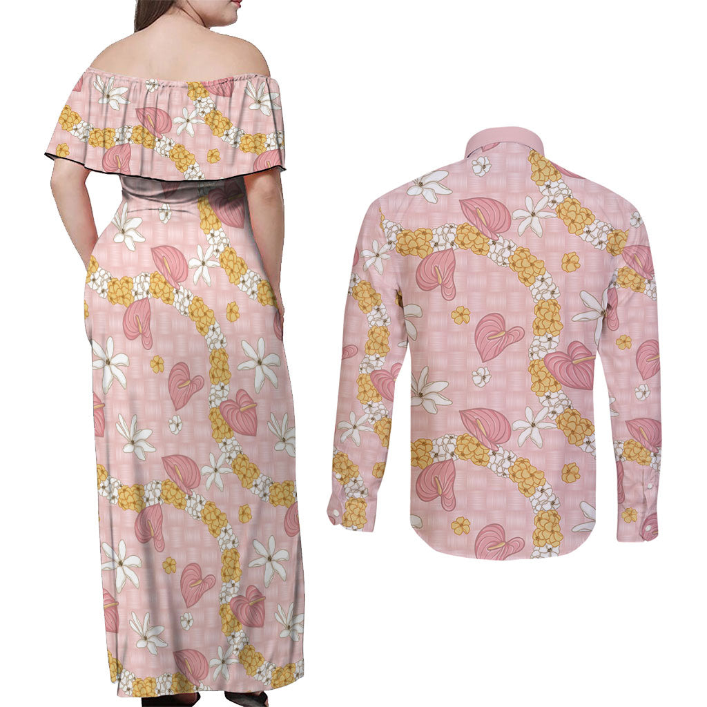 Hawaii Anthurium Tiare Pikake Lei Couples Matching Off Shoulder Maxi Dress and Long Sleeve Button Shirt Akala Lauhala Art Pattern LT01 - Polynesian Pride