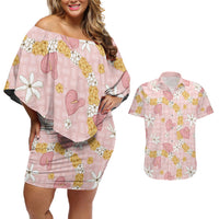 Hawaii Anthurium Tiare Pikake Lei Couples Matching Off Shoulder Short Dress and Hawaiian Shirt Akala Lauhala Art Pattern