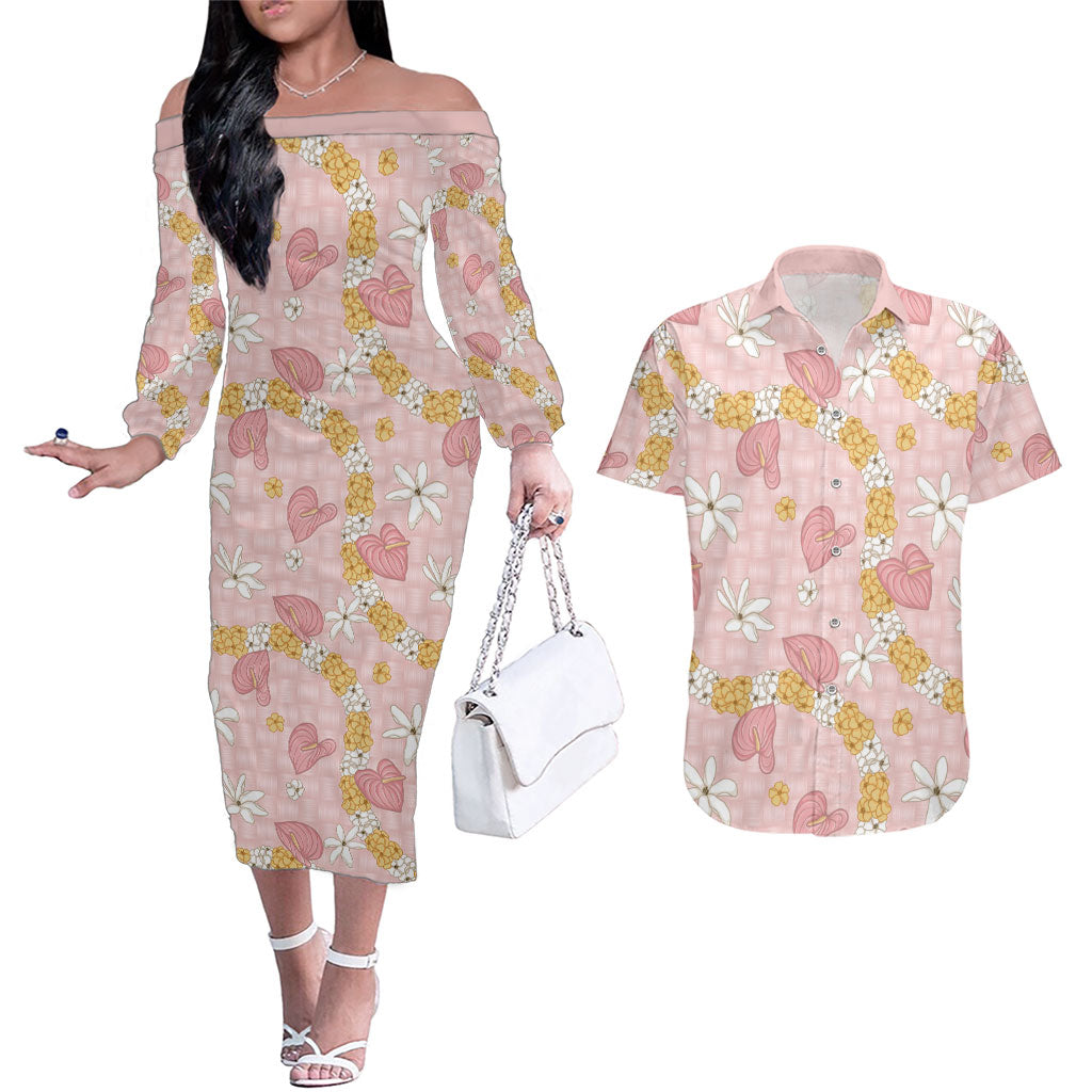 Hawaii Anthurium Tiare Pikake Lei Couples Matching Off The Shoulder Long Sleeve Dress and Hawaiian Shirt Akala Lauhala Art Pattern