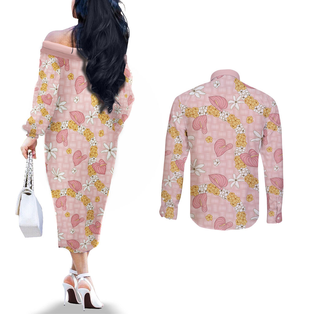 Hawaii Anthurium Tiare Pikake Lei Couples Matching Off The Shoulder Long Sleeve Dress and Long Sleeve Button Shirt Akala Lauhala Art Pattern LT01 - Polynesian Pride