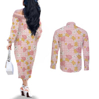 Hawaii Anthurium Tiare Pikake Lei Couples Matching Off The Shoulder Long Sleeve Dress and Long Sleeve Button Shirt Akala Lauhala Art Pattern LT01 - Polynesian Pride