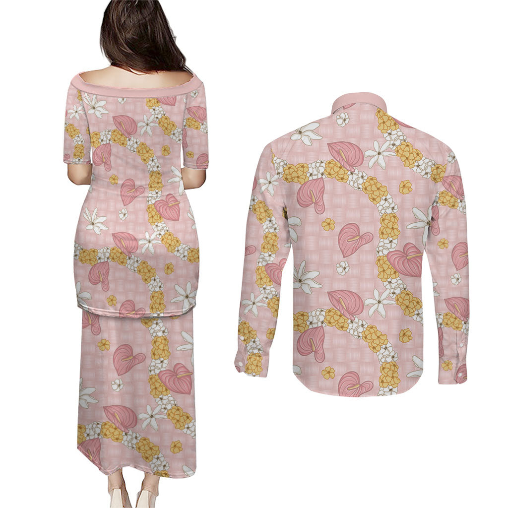 Hawaii Anthurium Tiare Pikake Lei Couples Matching Puletasi and Long Sleeve Button Shirt Akala Lauhala Art Pattern