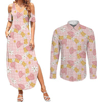 Hawaii Anthurium Tiare Pikake Lei Couples Matching Summer Maxi Dress and Long Sleeve Button Shirt Akala Lauhala Art Pattern