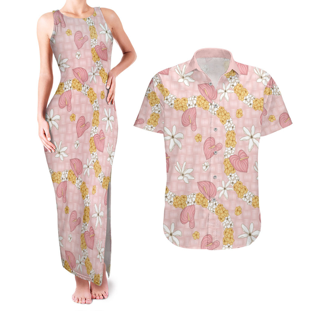 Hawaii Anthurium Tiare Pikake Lei Couples Matching Tank Maxi Dress and Hawaiian Shirt Akala Lauhala Art Pattern