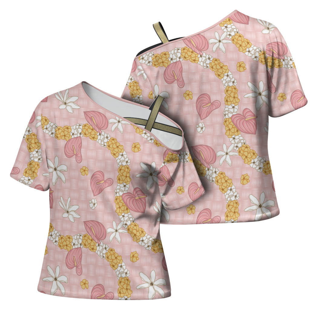 Hawaii Anthurium Tiare Pikake Lei Cross Shoulder Shirt Akala Lauhala Art Pattern