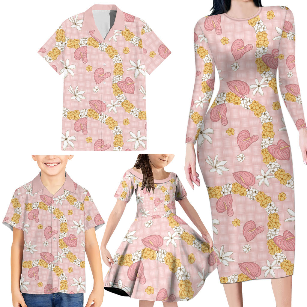 Hawaii Anthurium Tiare Pikake Lei Family Matching Long Sleeve Bodycon Dress and Hawaiian Shirt Akala Lauhala Art Pattern LT01 - Polynesian Pride