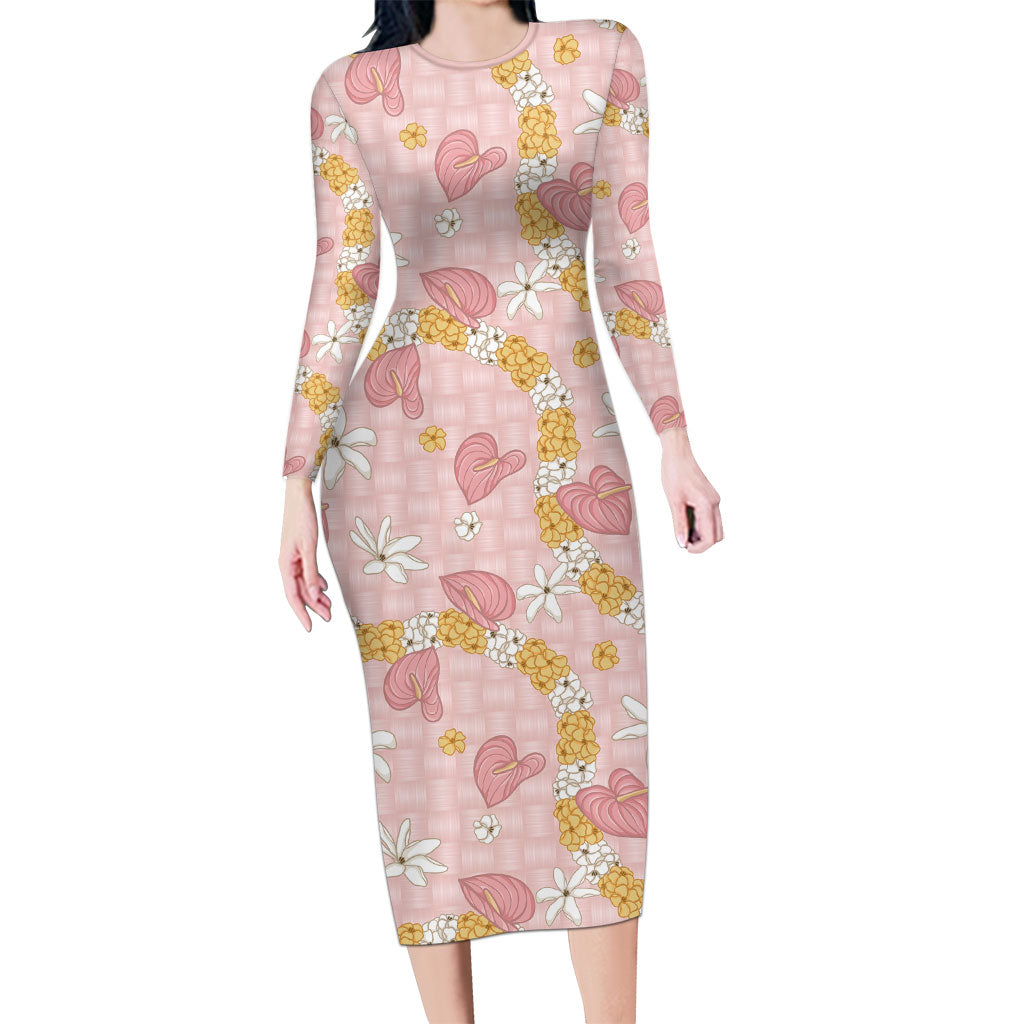 Hawaii Anthurium Tiare Pikake Lei Family Matching Long Sleeve Bodycon Dress and Hawaiian Shirt Akala Lauhala Art Pattern LT01 Mom's Dress Pink - Polynesian Pride