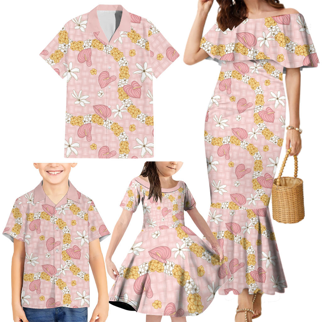 Hawaii Anthurium Tiare Pikake Lei Family Matching Mermaid Dress and Hawaiian Shirt Akala Lauhala Art Pattern LT01 - Polynesian Pride