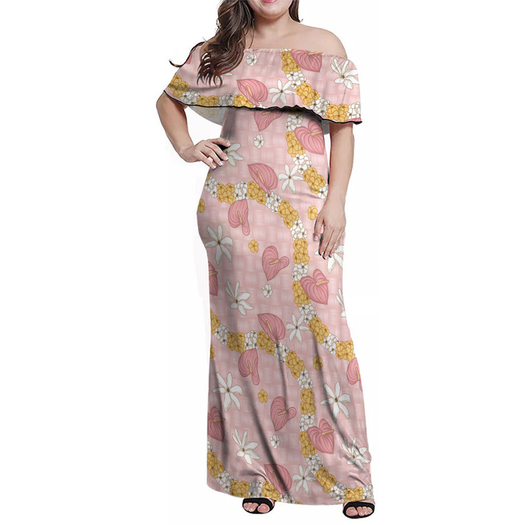Hawaii Anthurium Tiare Pikake Lei Family Matching Off Shoulder Maxi Dress and Hawaiian Shirt Akala Lauhala Art Pattern