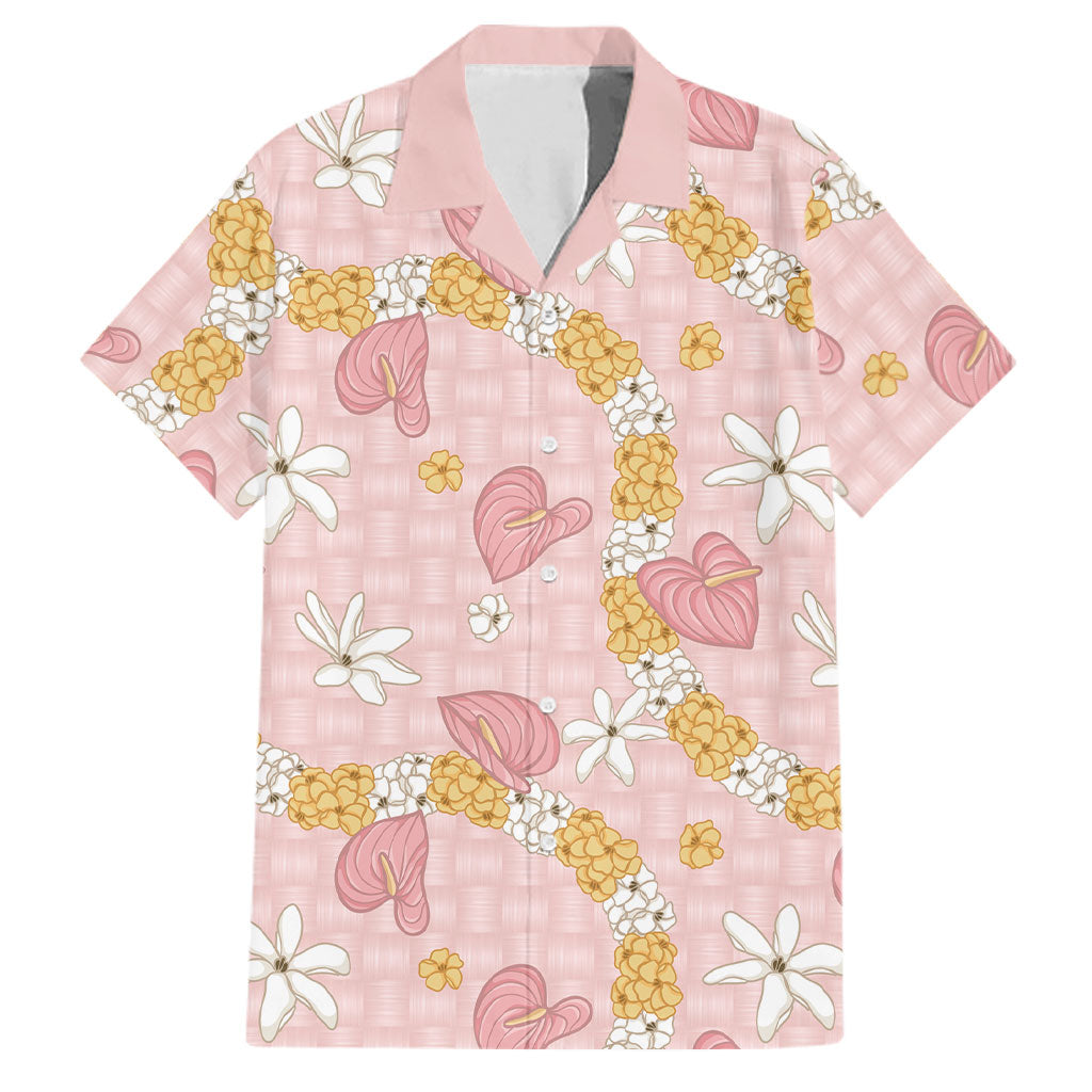 Hawaii Anthurium Tiare Pikake Lei Family Matching Off Shoulder Short Dress and Hawaiian Shirt Akala Lauhala Art Pattern LT01 Dad's Shirt - Short Sleeve Pink - Polynesian Pride
