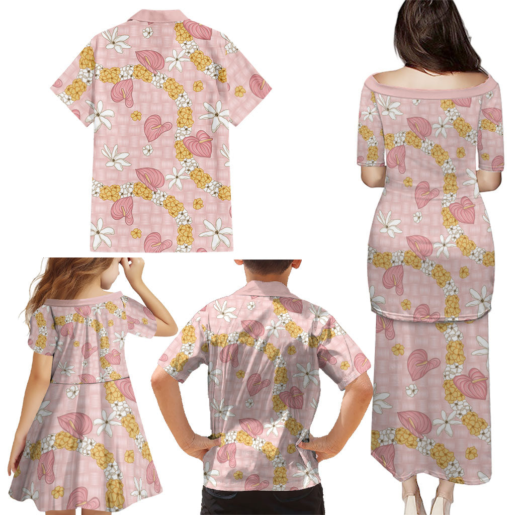 Hawaii Anthurium Tiare Pikake Lei Family Matching Puletasi and Hawaiian Shirt Akala Lauhala Art Pattern