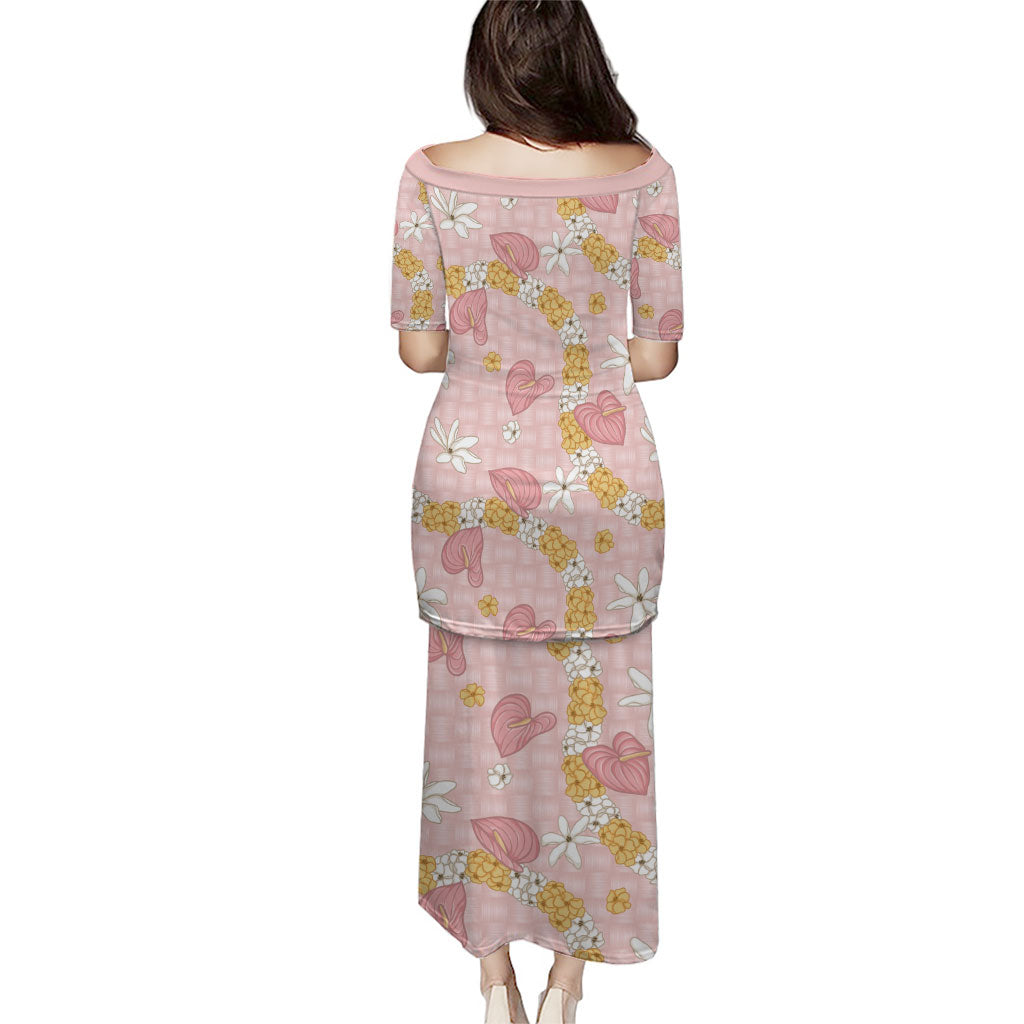 Hawaii Anthurium Tiare Pikake Lei Family Matching Puletasi and Hawaiian Shirt Akala Lauhala Art Pattern