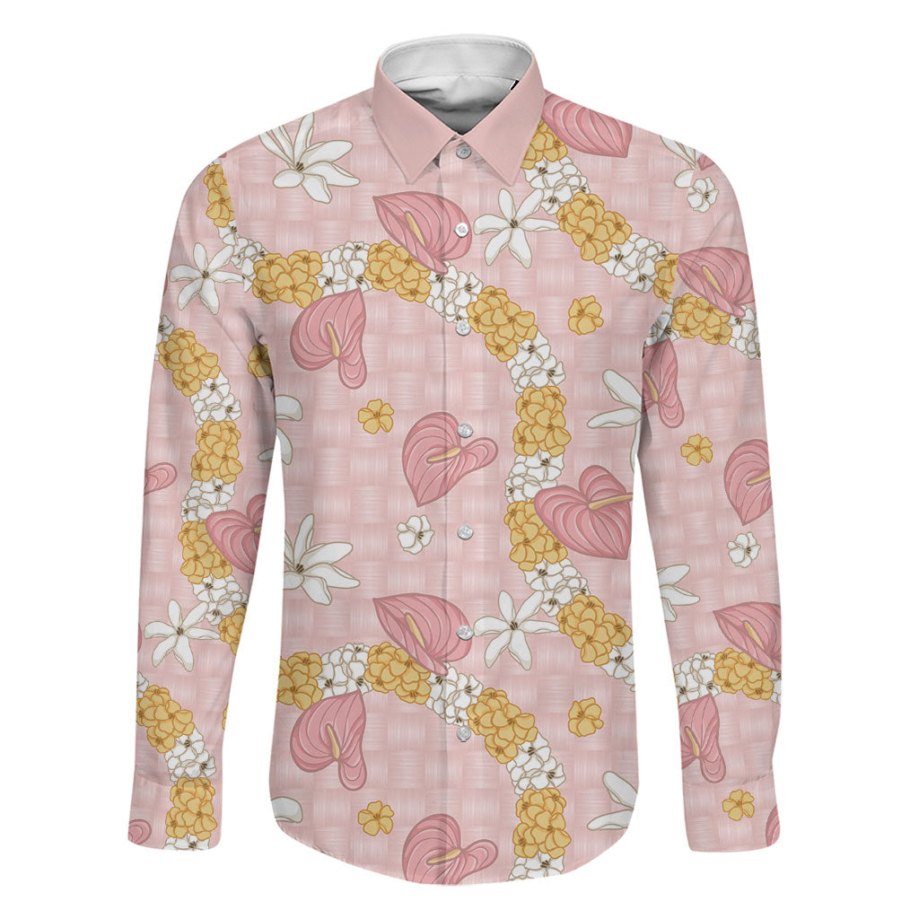 Hawaii Anthurium Tiare Pikake Lei Family Matching Short Sleeve Bodycon Dress and Hawaiian Shirt Akala Lauhala Art Pattern LT01 Dad's Shirt - Long Sleeve Pink - Polynesian Pride
