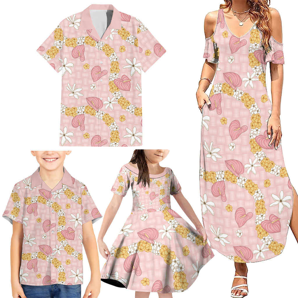 Hawaii Anthurium Tiare Pikake Lei Family Matching Summer Maxi Dress and Hawaiian Shirt Akala Lauhala Art Pattern
