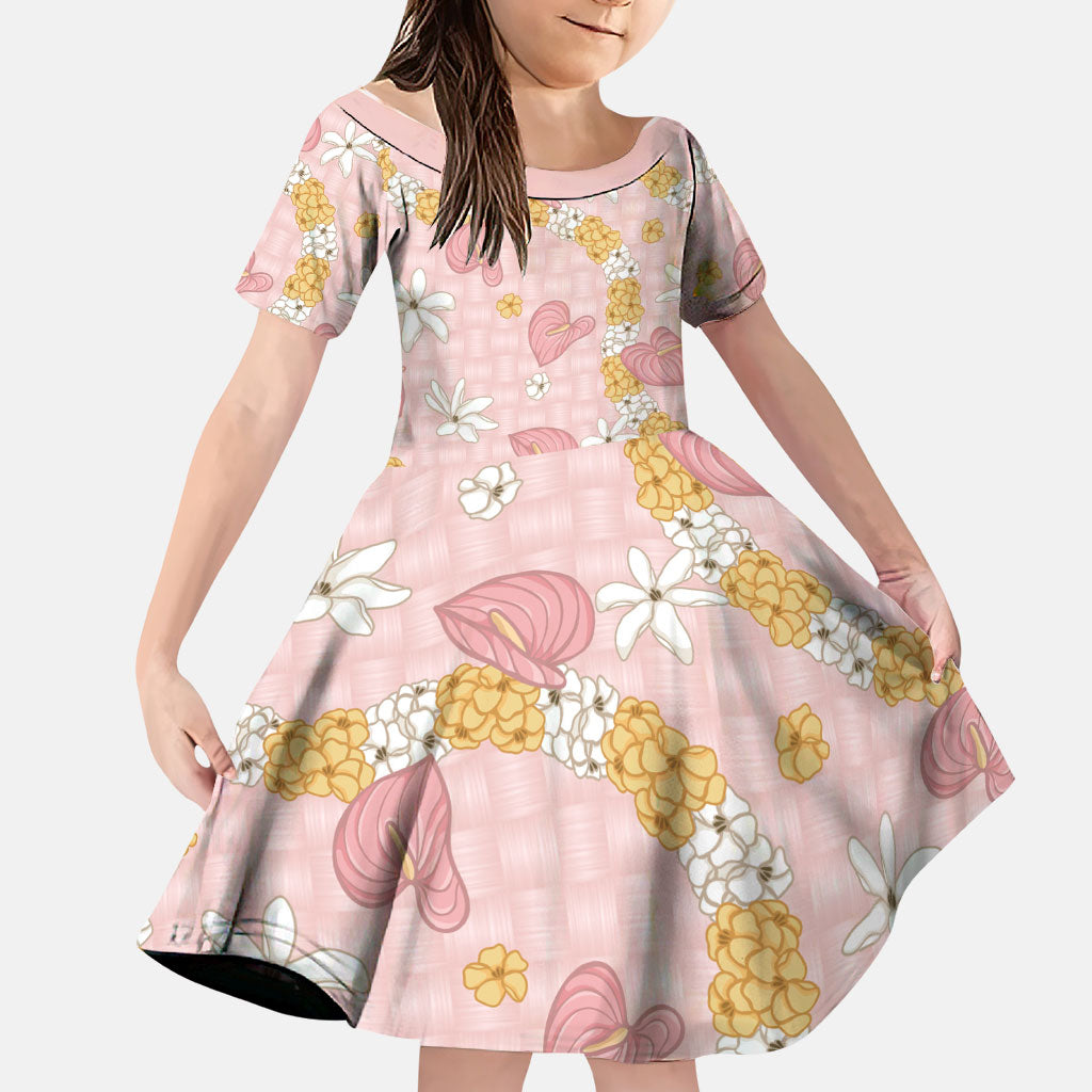 Hawaii Anthurium Tiare Pikake Lei Family Matching Tank Maxi Dress and Hawaiian Shirt Akala Lauhala Art Pattern LT01 Daughter's Dress Pink - Polynesian Pride