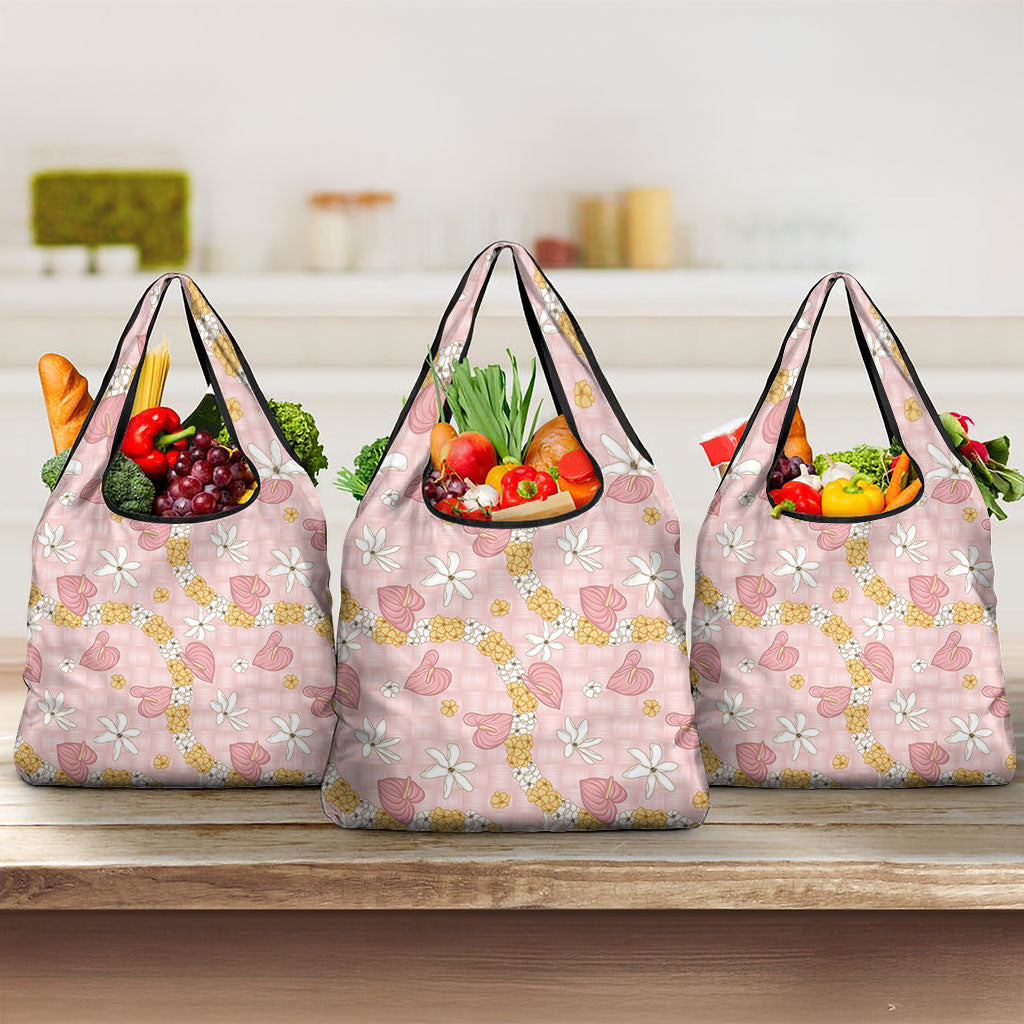 Hawaii Anthurium Tiare Pikake Lei Grocery Bag Akala Lauhala Art Pattern