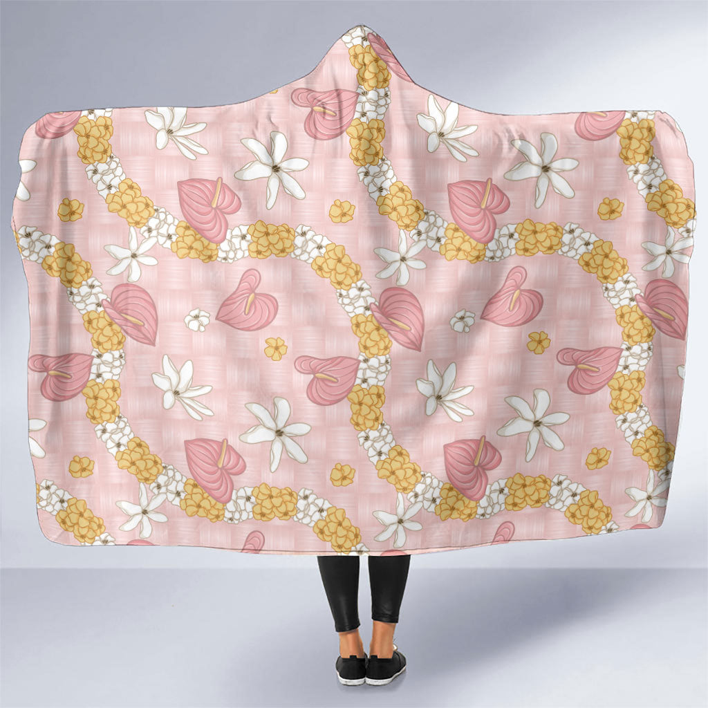 Hawaii Anthurium Tiare Pikake Lei Hooded Blanket Akala Lauhala Art Pattern