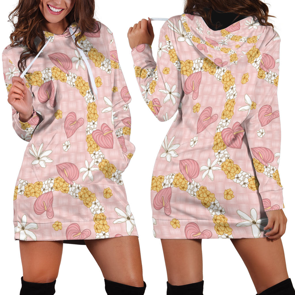 Hawaii Anthurium Tiare Pikake Lei Hoodie Dress Akala Lauhala Art Pattern