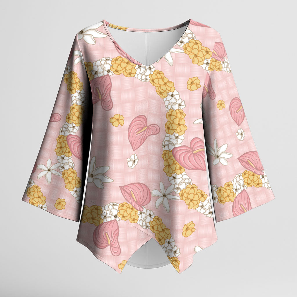 Hawaii Anthurium Tiare Pikake Lei Kimono Sleeve Blouse Akala Lauhala Art Pattern
