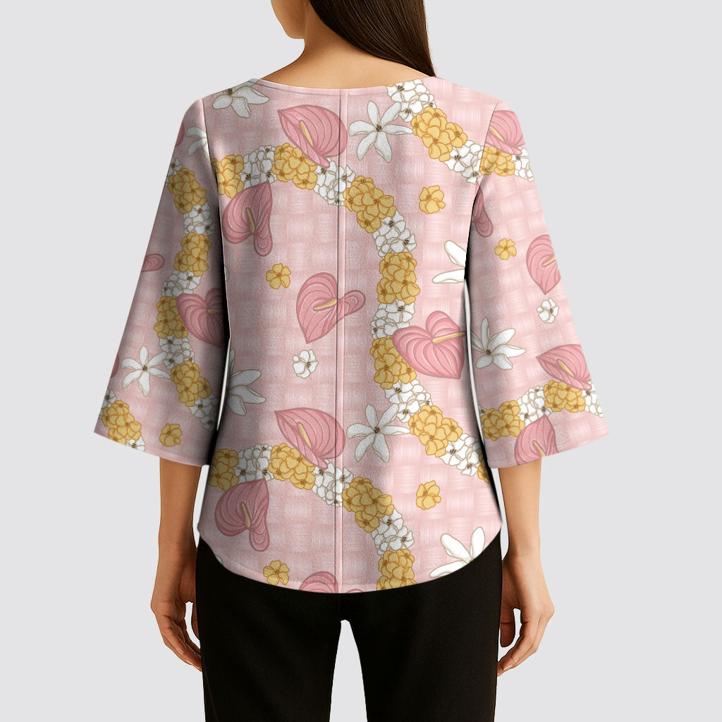 Hawaii Anthurium Tiare Pikake Lei Kimono Sleeve Blouse Akala Lauhala Art Pattern