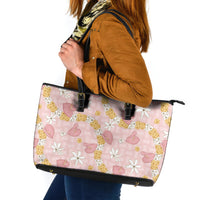Hawaii Anthurium Tiare Pikake Lei Leather Tote Bag Akala Lauhala Art Pattern