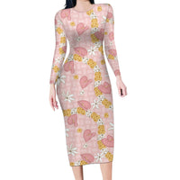 Hawaii Anthurium Tiare Pikake Lei Long Sleeve Bodycon Dress Akala Lauhala Art Pattern