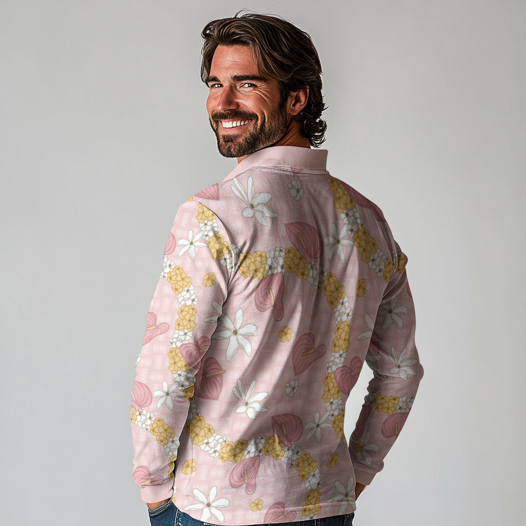 Hawaii Anthurium Tiare Pikake Lei Long Sleeve Polo Shirt Akala Lauhala Art Pattern