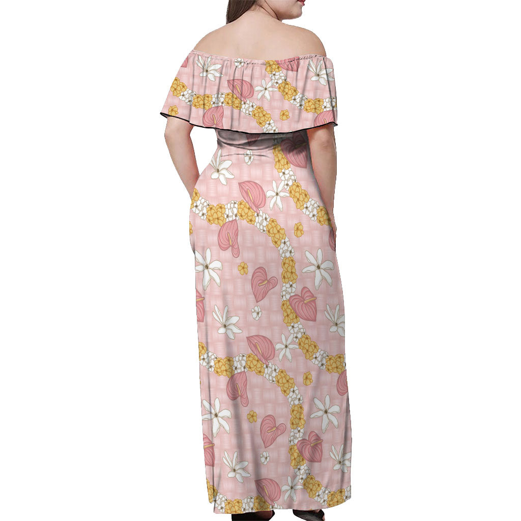 Hawaii Anthurium Tiare Pikake Lei Off Shoulder Maxi Dress Akala Lauhala Art Pattern