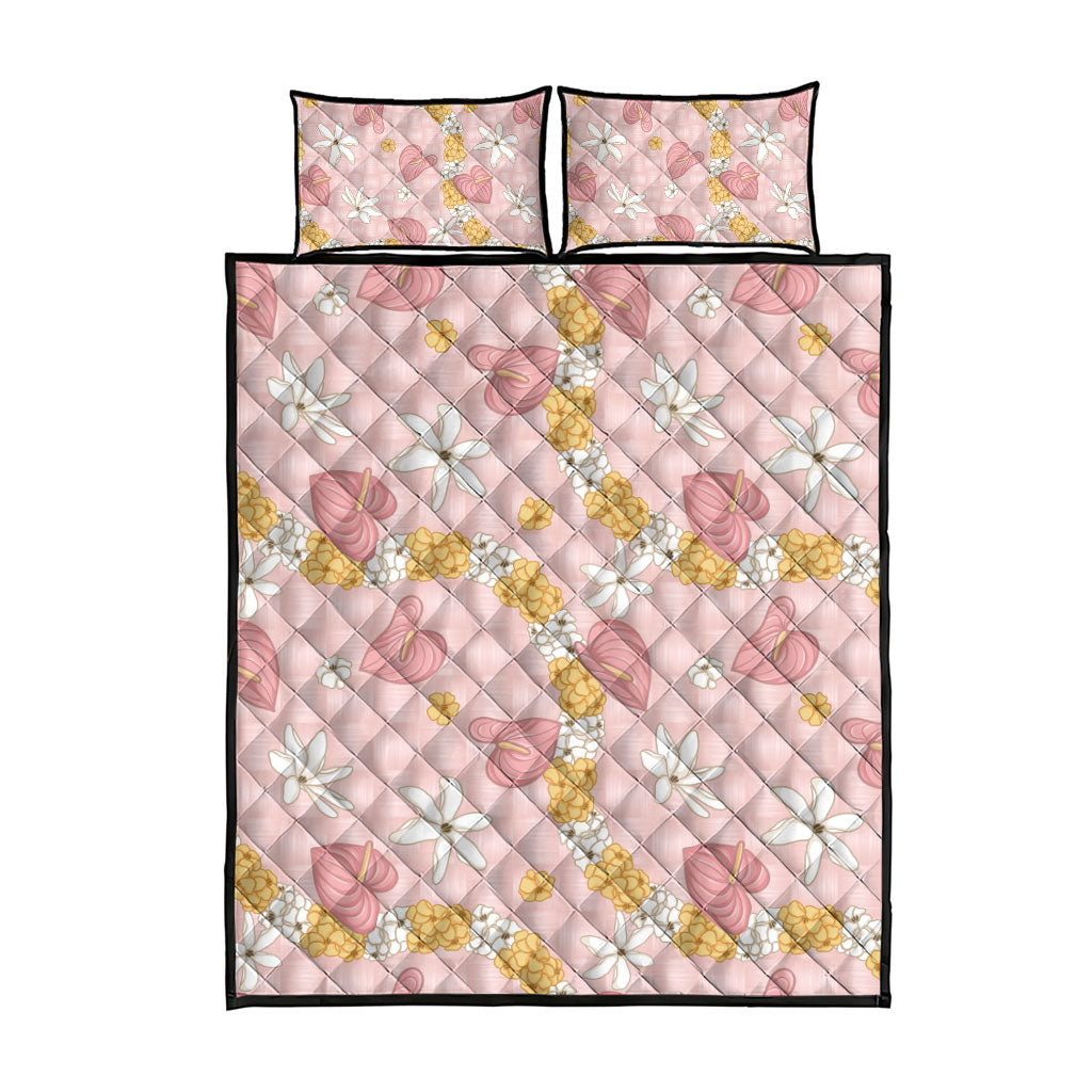 Hawaii Anthurium Tiare Pikake Lei Quilt Bed Set Akala Lauhala Art Pattern