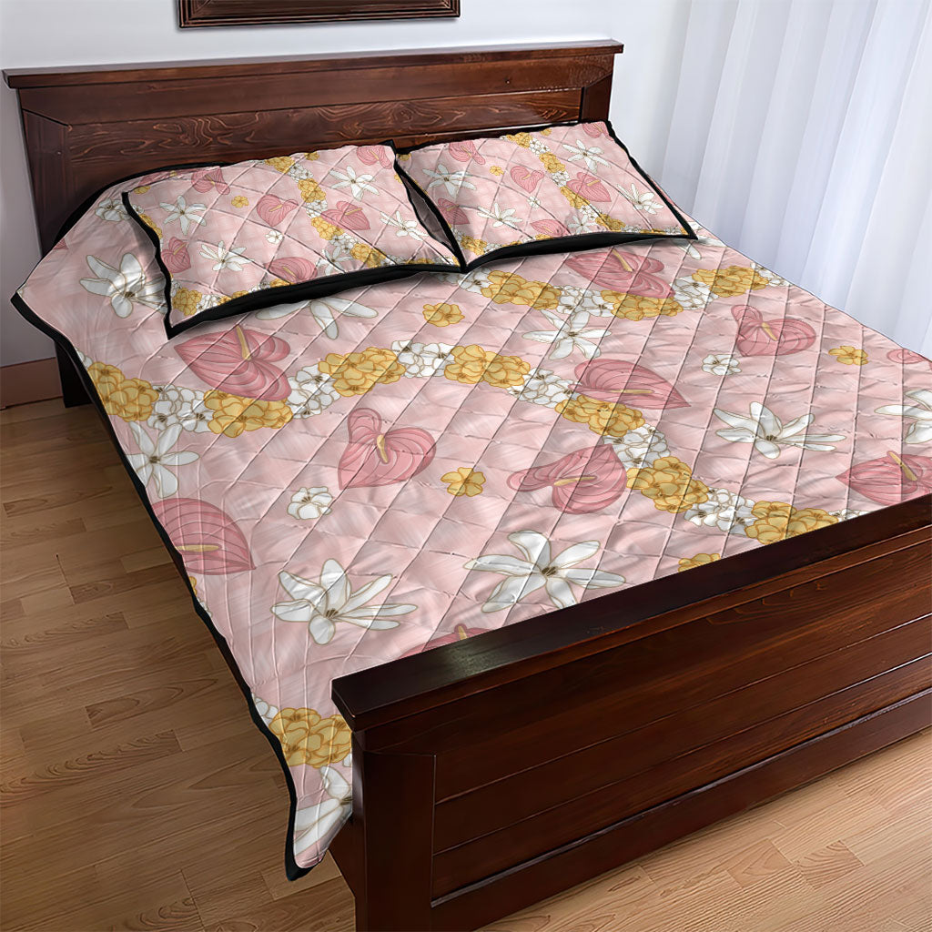 Hawaii Anthurium Tiare Pikake Lei Quilt Bed Set Akala Lauhala Art Pattern
