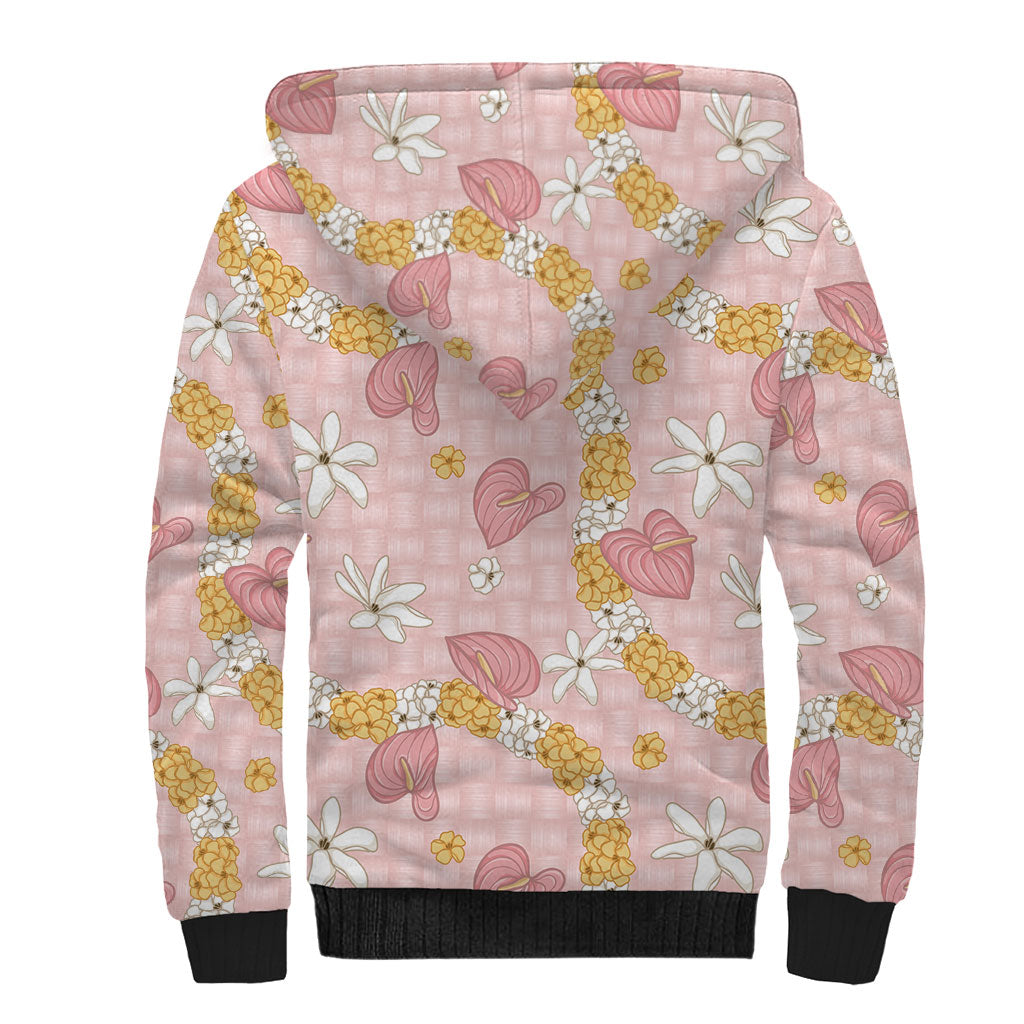 Hawaii Anthurium Tiare Pikake Lei Sherpa Hoodie Akala Lauhala Art Pattern