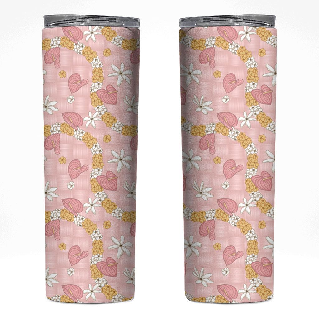 Hawaii Anthurium Tiare Pikake Lei Skinny Tumbler Akala Lauhala Art Pattern