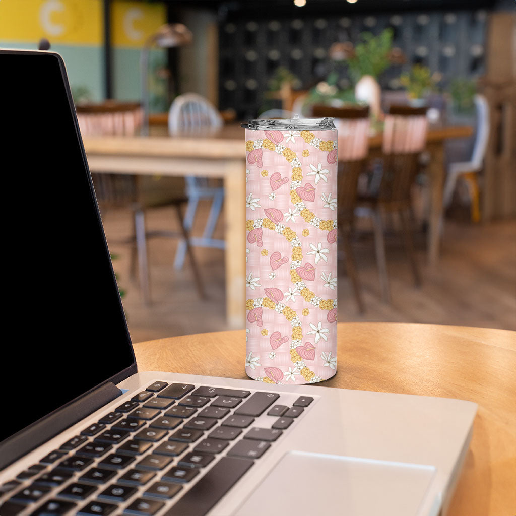 Hawaii Anthurium Tiare Pikake Lei Skinny Tumbler Akala Lauhala Art Pattern