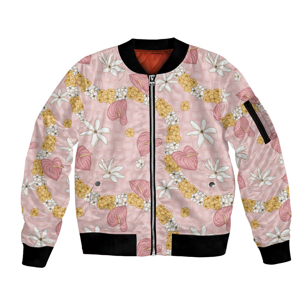 Hawaii Anthurium Tiare Pikake Lei Sleeve Zip Bomber Jacket Akala Lauhala Art Pattern
